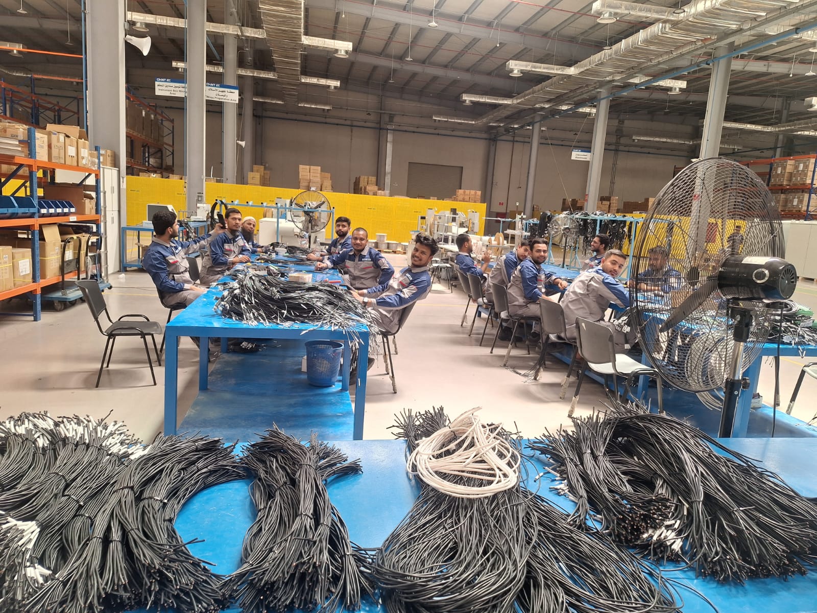 Workers assembling electrical components